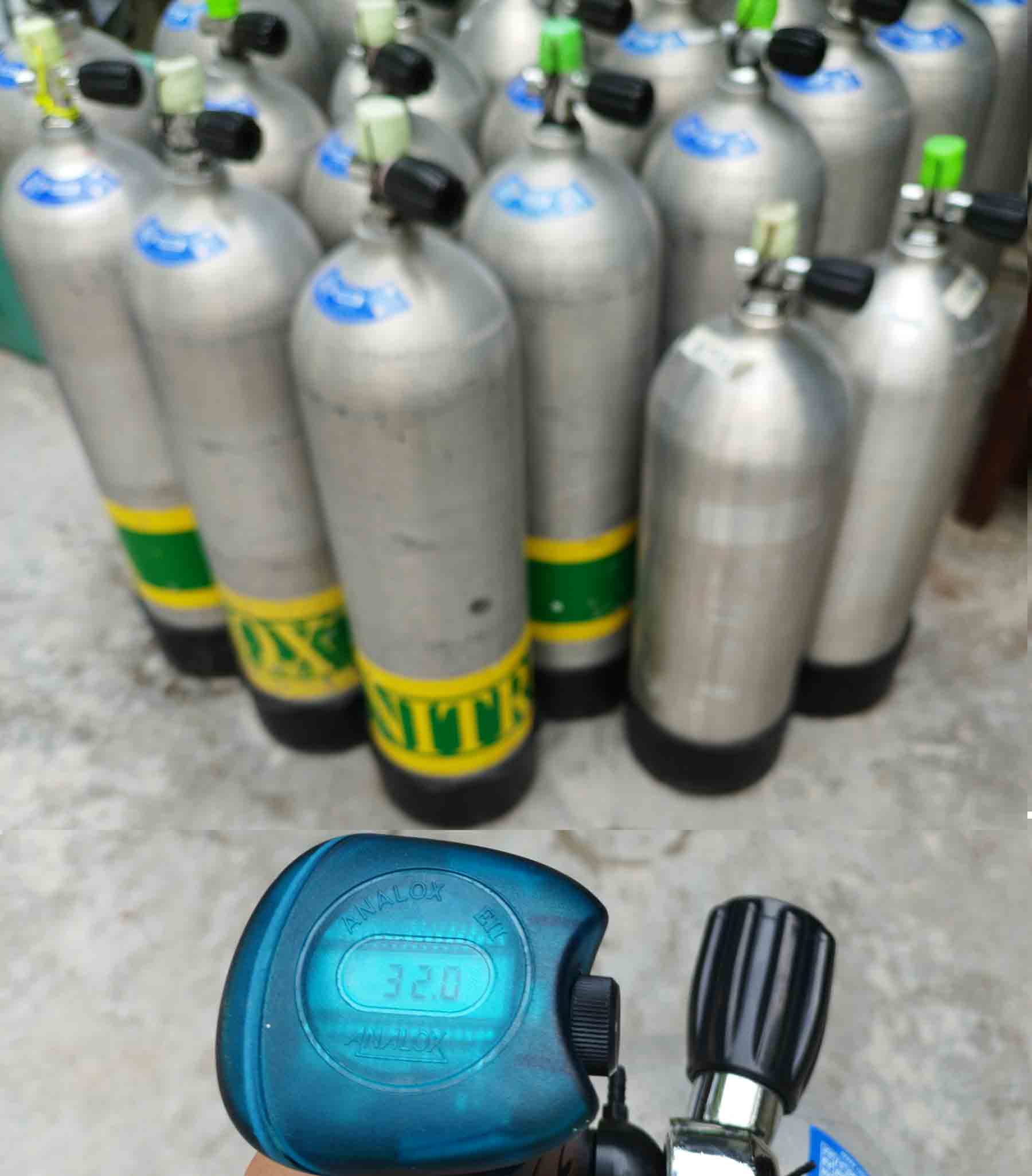 Nitrox tanks being oxygen analyzed during the Enriched Air Course in Bali
