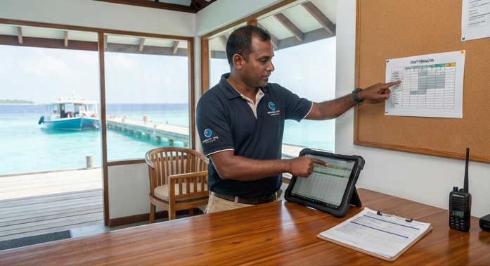 Dive Manager pointing at the schedule