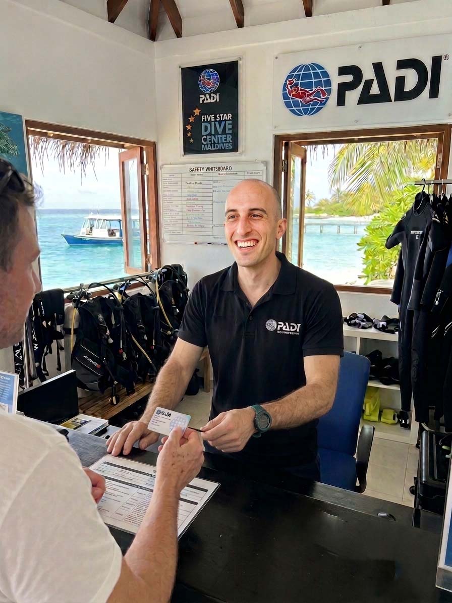 Divegab handing over a card to a customer